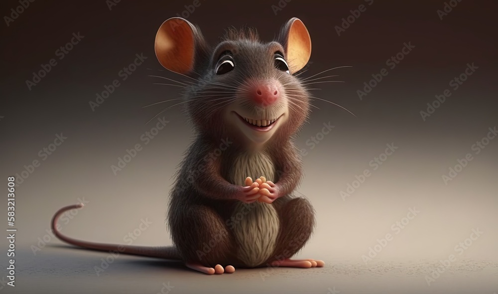  a cartoon mouse sitting on the ground with a smile on its face and hands in front of his face, look