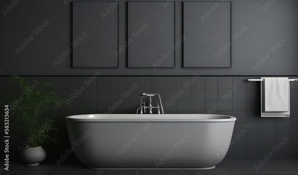  a bathroom with a bathtub, toilet and a plant on the floor in front of the bathtub and three framed