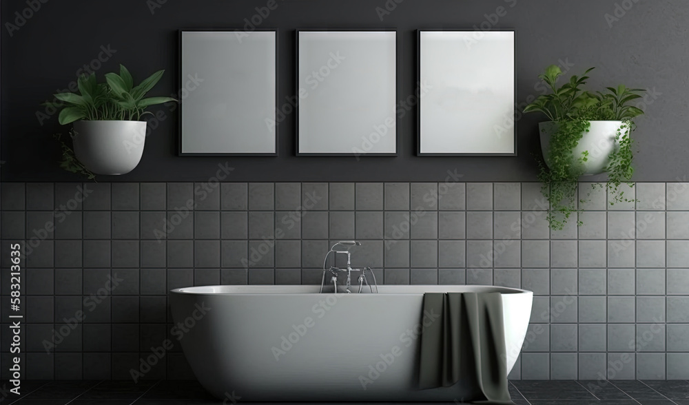  a bathroom with a bathtub and a plant on the side of the tub and three framed pictures above the tu