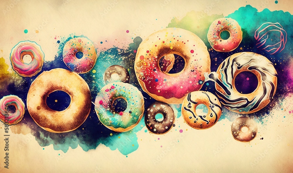  a group of doughnuts with sprinkles on a white background with a splash of paint on the bottom of t