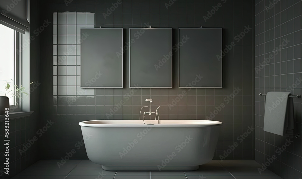  a white bath tub sitting under three framed pictures in a bathroom next to a window with a plant in