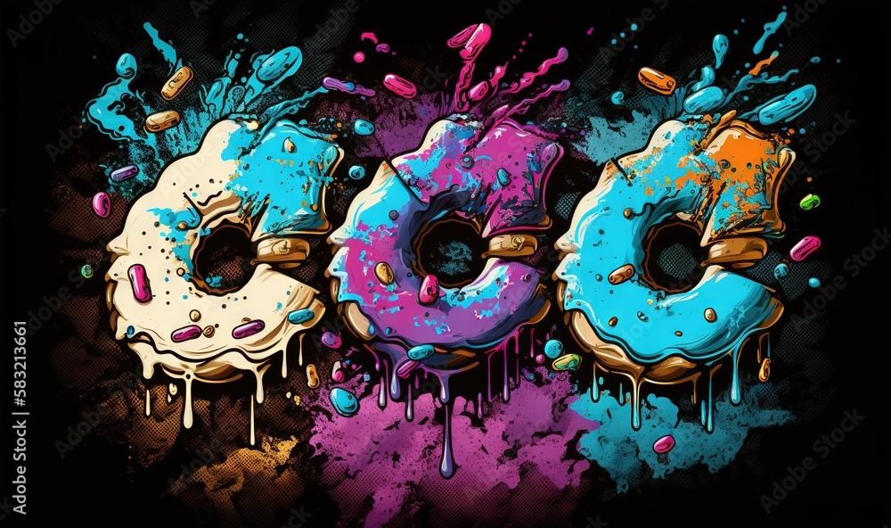  three donuts with sprinkles and paint splatters on them, painted in blue, pink, and purple, on a bl