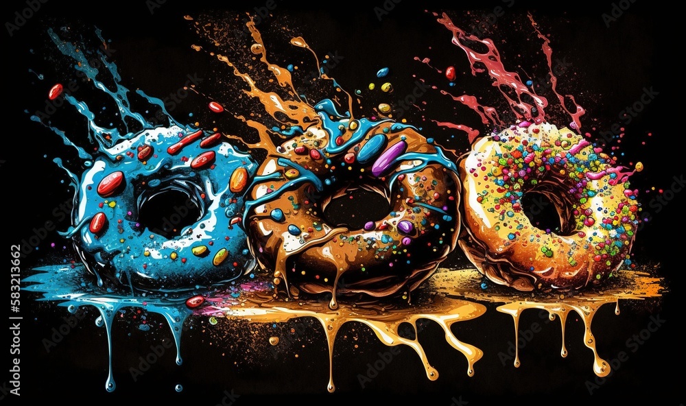  a painting of two doughnuts with sprinkles on a black background with a splash of paint on the top 