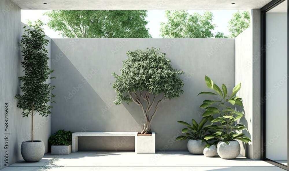  a white room with a tree and a bench in it and some potted plants on the side of the room and a whi