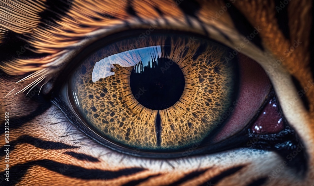  a close up of a tigers eye with the reflection of the sky in its eye lens, with a reflection of t