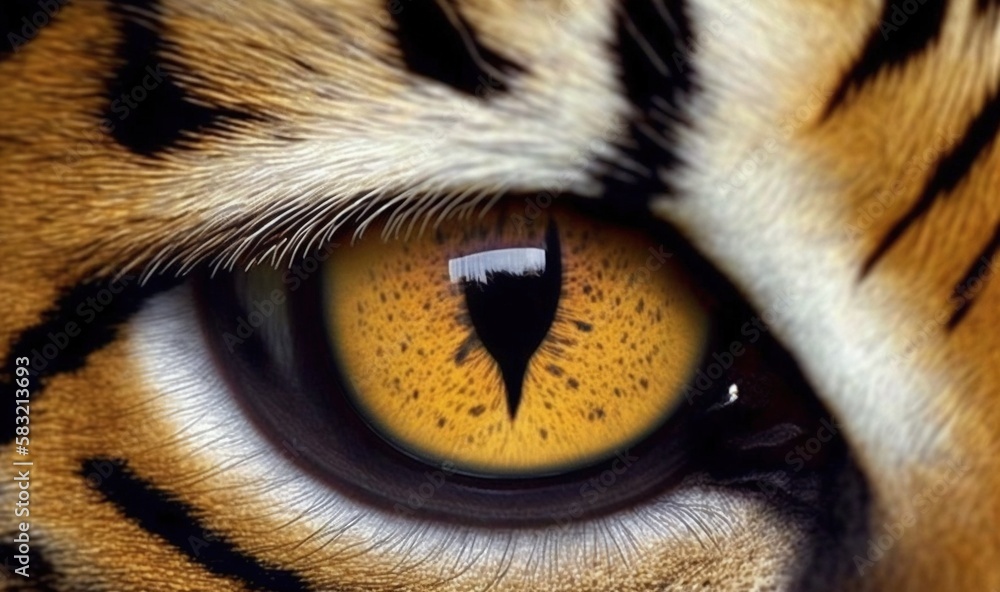  a close up of a tigers eye with yellow and black stripes on the tigers face and a black spot in t