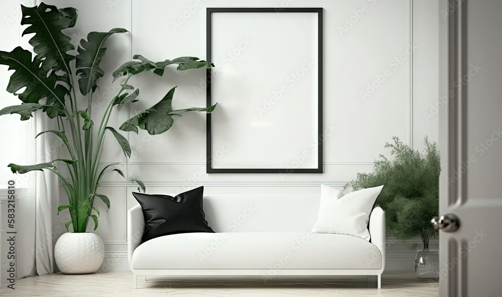  a living room with a white couch and a black and white poster hanging on the wall above the couch i