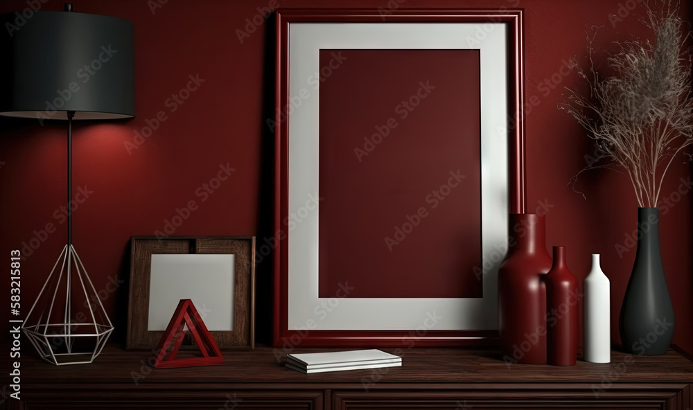  a picture of a red wall with a white frame and some vases and a lamp on a wooden table with a red w