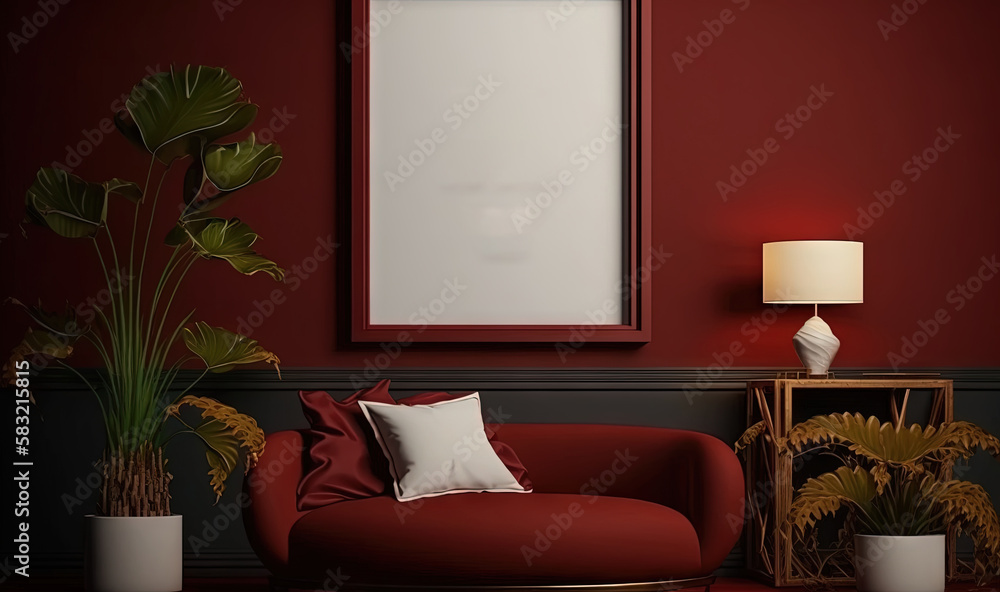  a living room with a red couch and a white framed poster on the wall next to a table with a lamp an