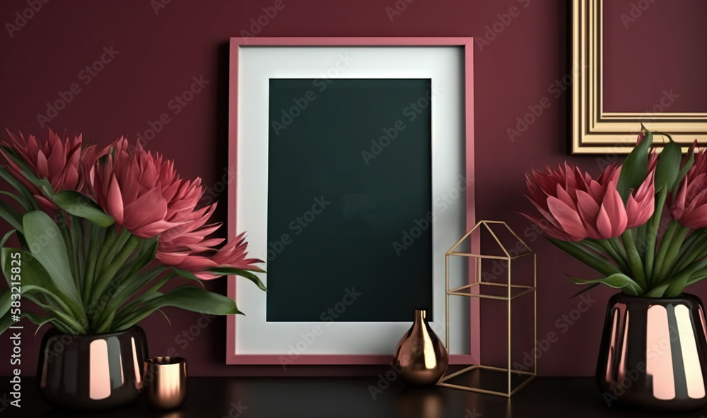  a picture frame sitting on top of a table next to vases of flowers and a vase with a pink flower in