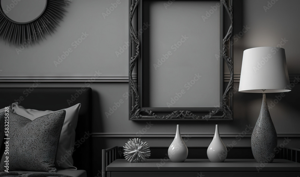  a black and white photo of a bedroom with a picture frame on the wall and a lamp on a nightstand ne