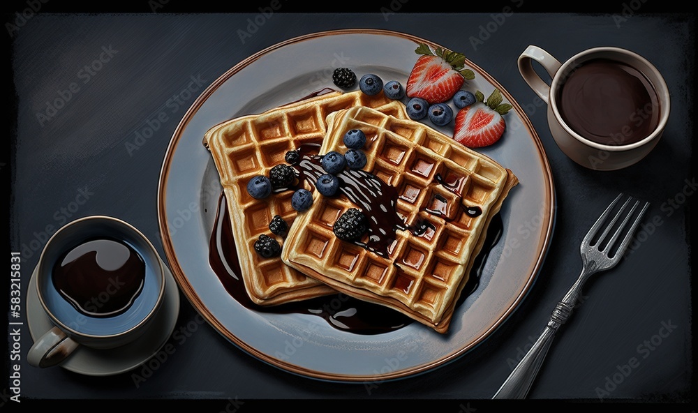  a plate of waffles with blueberries, strawberries, and syrup on a table with a cup of coffee and a 