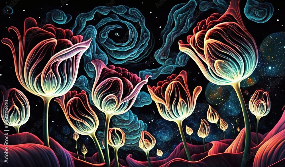  a painting of flowers in a field with a night sky in the background and stars in the sky in the mid