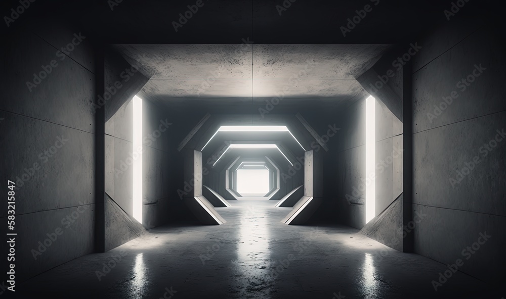  a dark tunnel with light at the end and a bright light at the end of the tunnel on the right side o