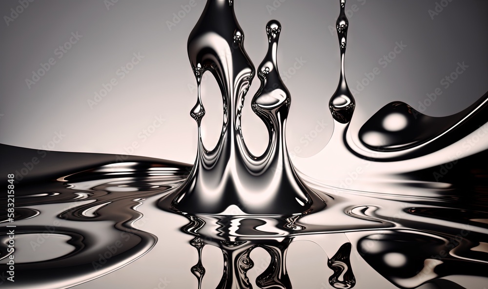  a black and white photo of a liquid droplet with a reflection of the droplet on the water and a bla