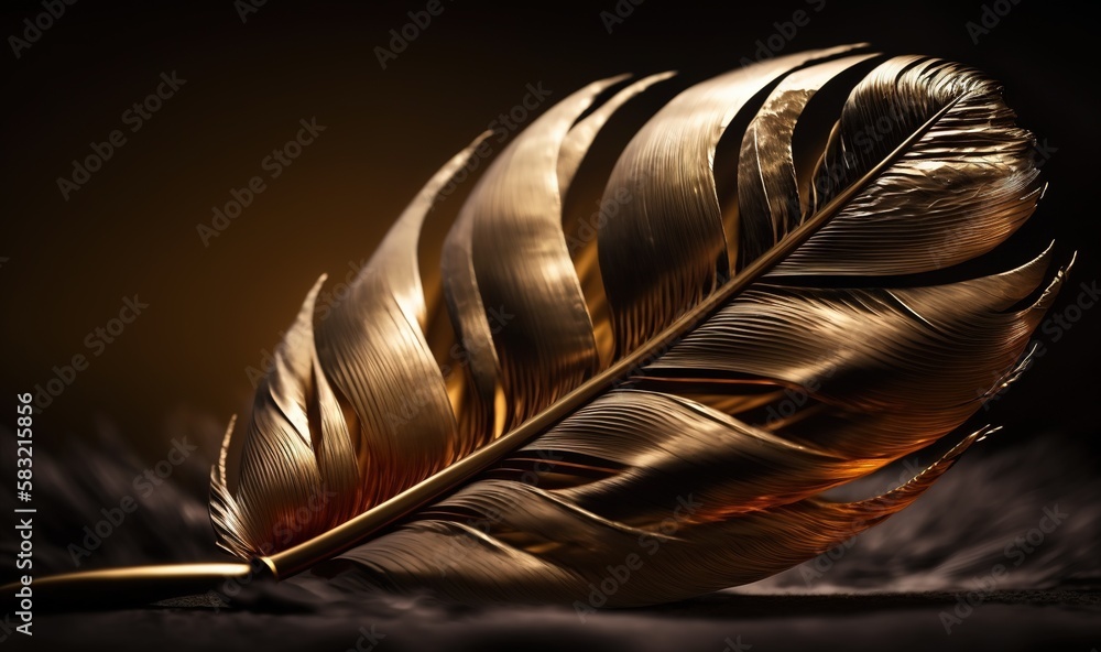  a golden feather resting on a black surface with a dark background and a light reflection on the fe