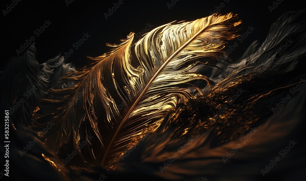  a close up of a golden feather on a black background with a blurry image of the feather and the bac