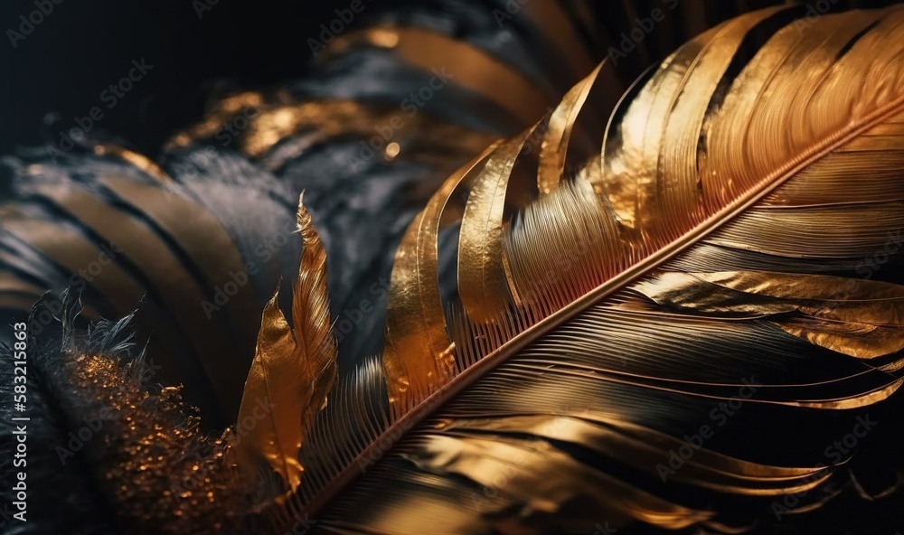  a close up of a golden feather on a black background with gold flecks and glitters on the edges of 