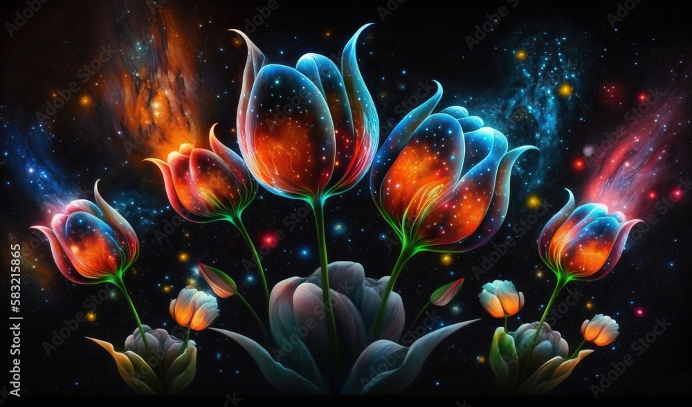  a painting of a bunch of flowers in a space scene with stars and a galaxy in the backgroup of the p