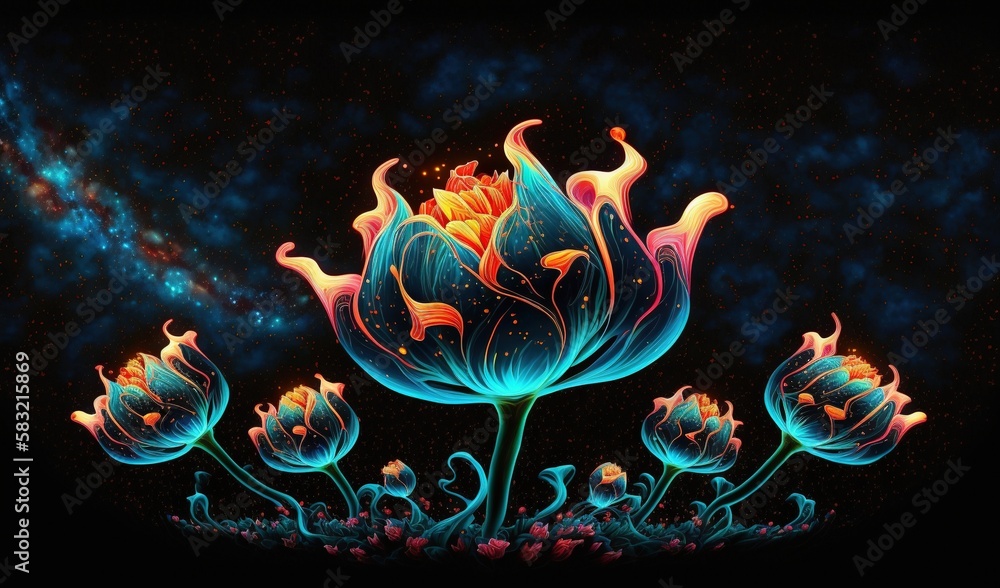  a painting of a blue flower with a black background and a galaxy in the backgroup of the picture is