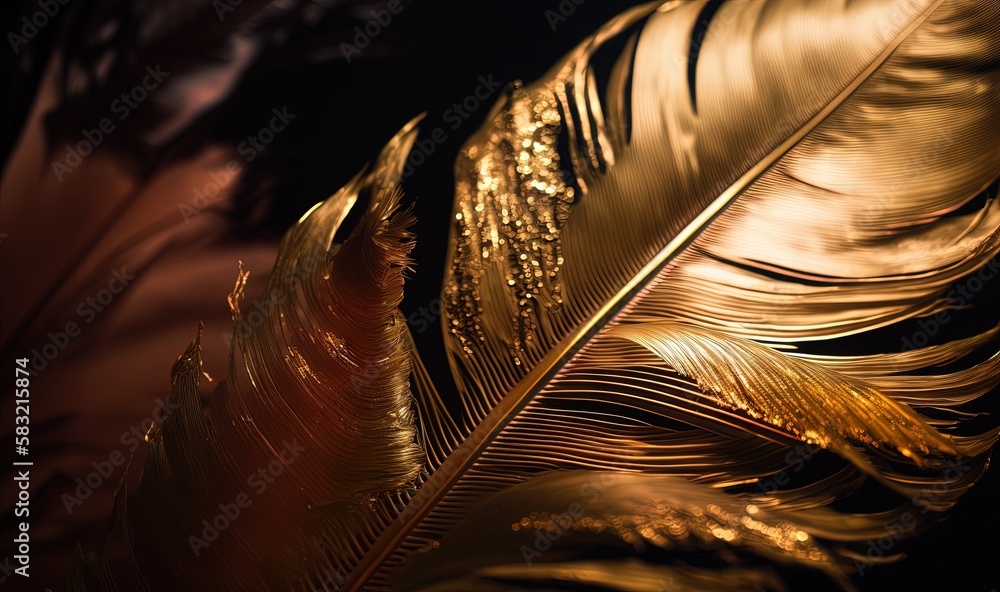  a close up of a golden feather on a black background with a blurry image of the feathers and the ba