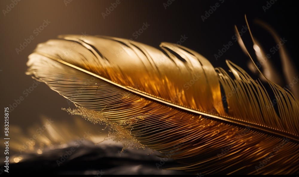  a close up of a golden feather on a black background with a blurry image of the feathers and the wa