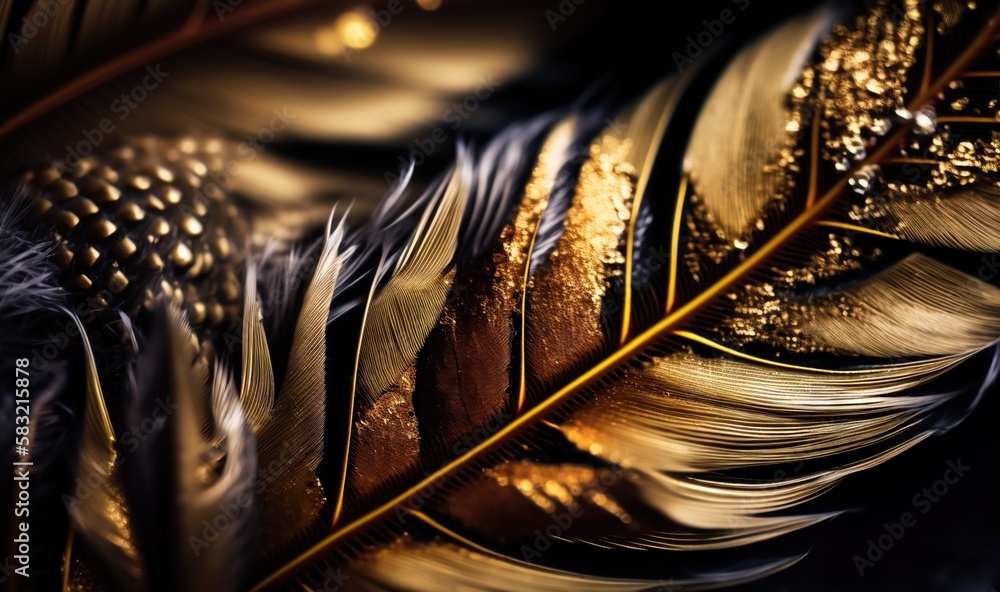  a close up of a feather with gold flecks on its feathers and a black background with gold flecks o