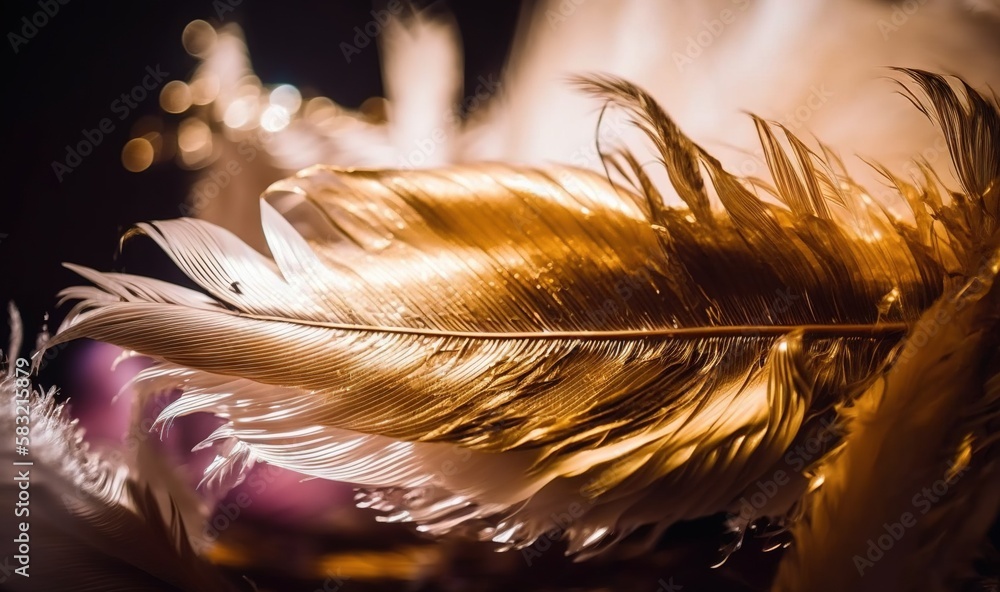  a close up of a feather on a black background with a blurry light in the background and a blurry li