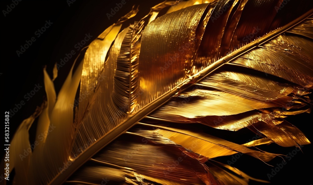  a close up of a golden feather on a black background with water droplets on it and a black backgrou