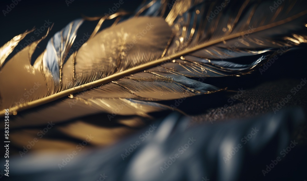  a close up of a golden feather on a black background with a blurry image of the feathers of a bird 