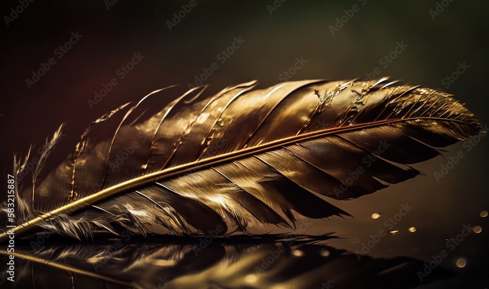  a close up of a golden feather on a black surface with water droplets on the surface and a black ba