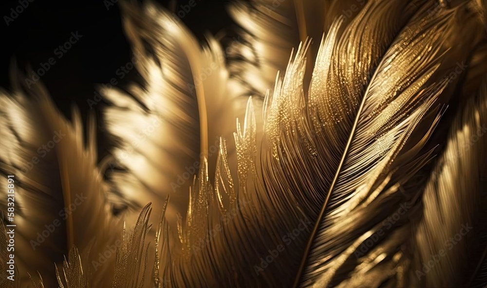  a close up of a golden feather on a black background with a blurry image of the feathers of a bird 