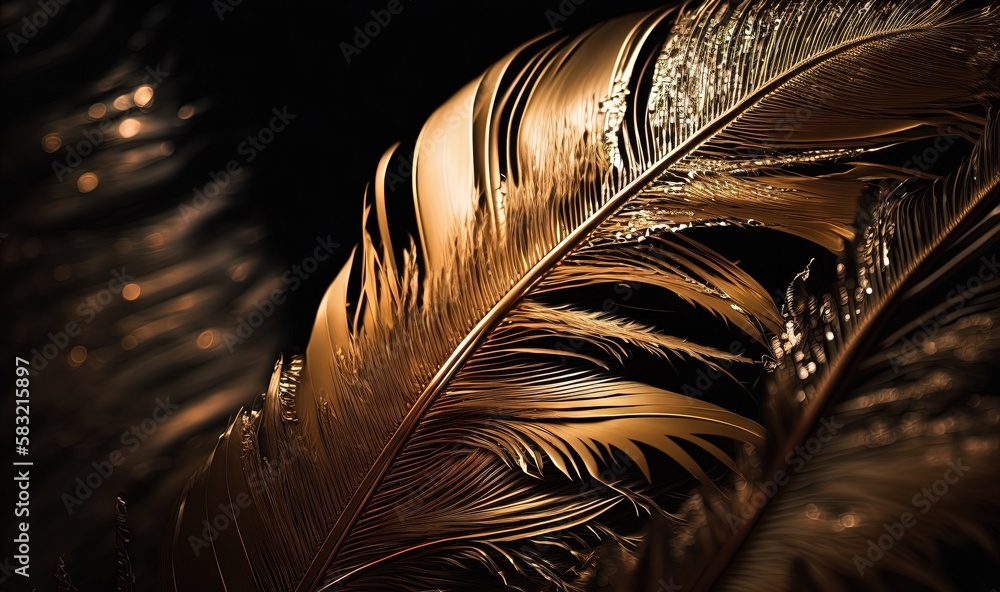  a close up of a golden feather on a black background with water droplets on the feathers of a bird 