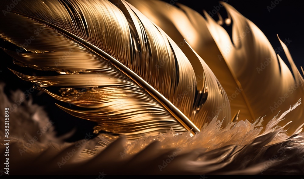  a close up of a golden feather on a black background with a blurry image of the feathers of a bird 