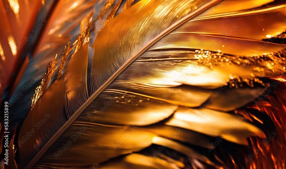  a close up of a golden feather on a white background with a blurry image of the feathers and the li