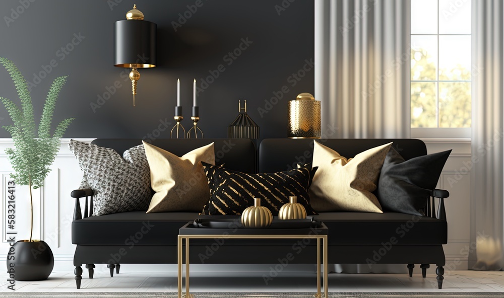  a living room with a black couch and a table with gold and black pillows and a potted plant in the 