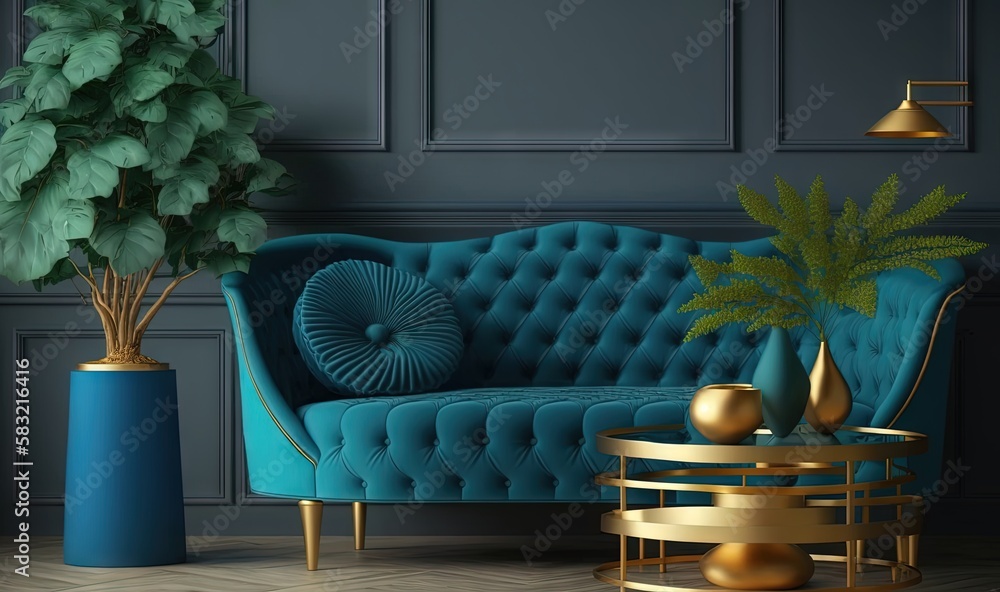  a living room with a blue velvet couch and a gold coffee table with a potted plant on it and a blue