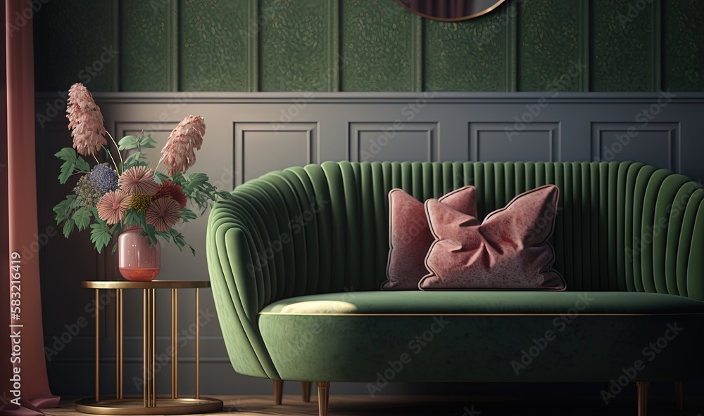  a green velvet couch with pink pillows and a gold side table with a vase of flowers and a mirror on