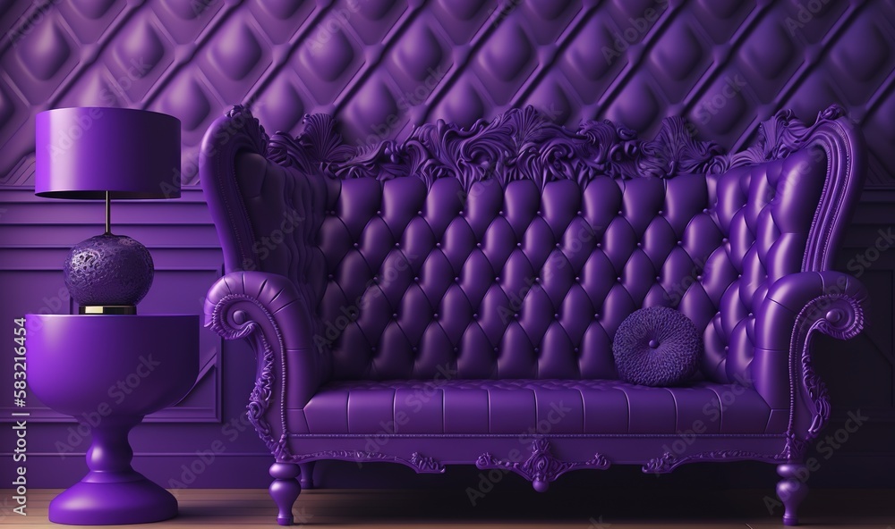  a purple couch sitting next to a purple lamp on a wooden floor next to a purple vase and a purple l