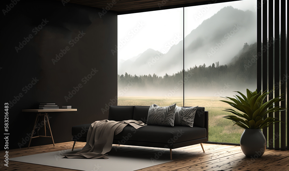  a living room with a black couch and a large window with a view of a mountain range and fog in the 