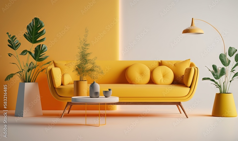  a living room with a yellow couch and a table with a plant on it and a lamp on the side of the wall