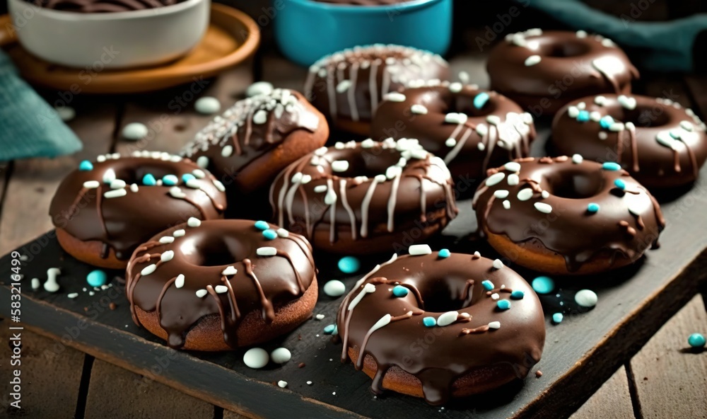  chocolate donuts with white and blue sprinkles on a wooden table with a bowl of chocolate chips and