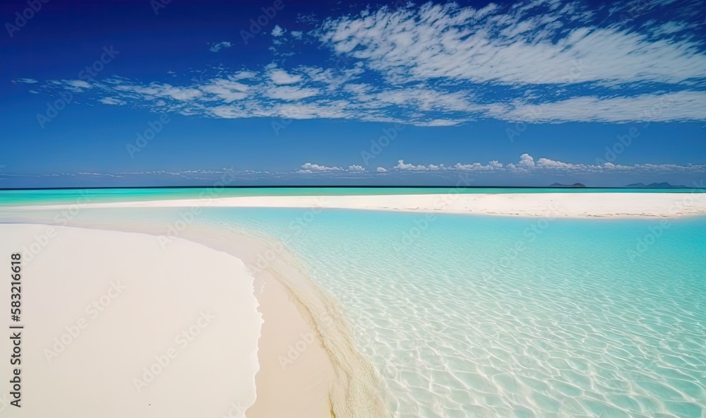  a sandy beach with clear blue water and a blue sky with clouds in the background and a lone boat in