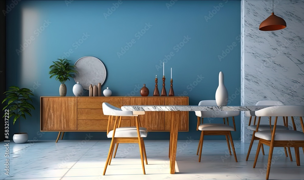  a dining room with a marble top table and white chairs and a blue wall with a mirror and a vase on 