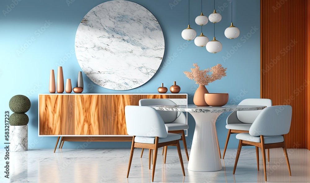  a dining room with a marble table surrounded by white chairs and a round mirror on the wall above t