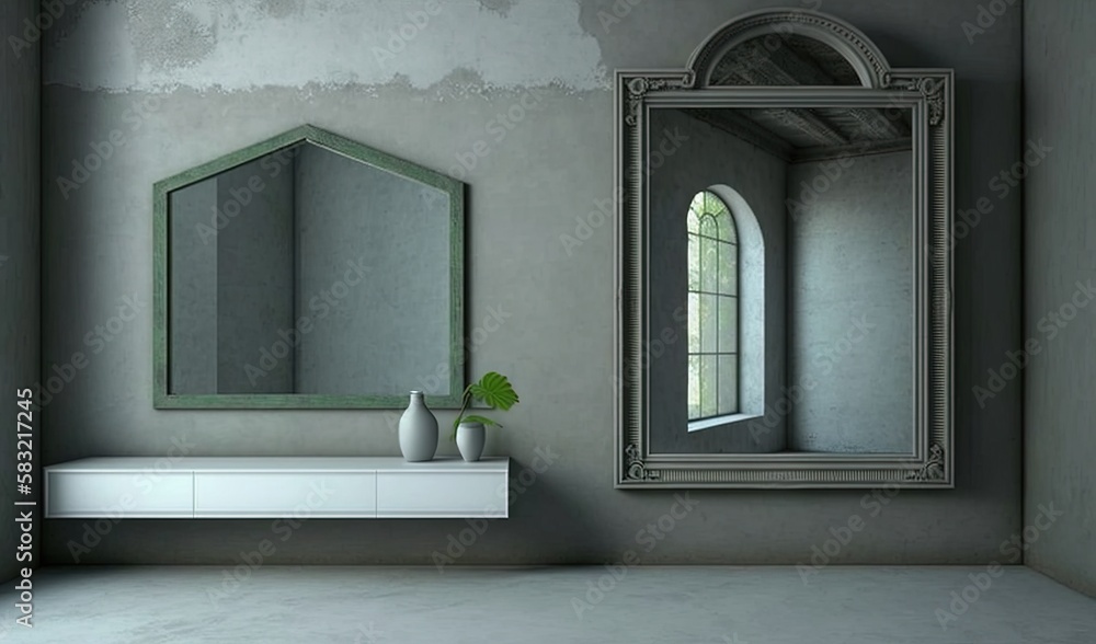  a room with a mirror and a shelf with a vase and a vase on it, and a vase with a green plant in it.