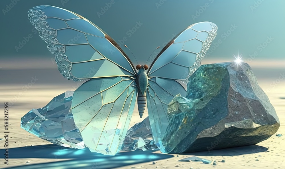  a blue butterfly sitting on top of a rock on a beach next to a body of water and a blue sky with cl