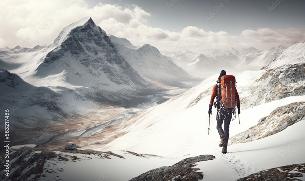  a man hiking up a snowy mountain with a backpack and ski poles on his back and a backpack on his ba