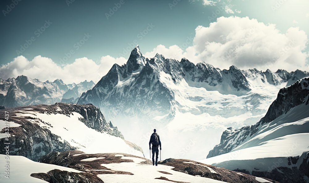  a man standing on top of a snow covered mountain next to a forest filled with lots of snow covered 