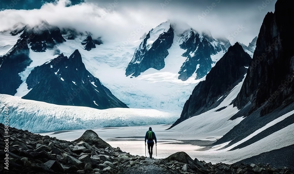  a man standing on top of a snow covered mountain next to a glacier filled with snow covered mountai